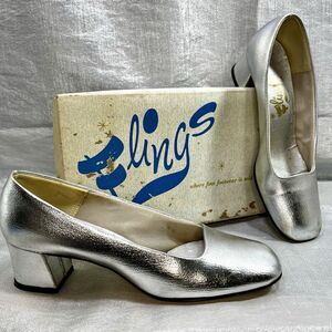 Vintage 60's Metallic Silver Square Toe Pumps Chunky Block Heel size 7.5B